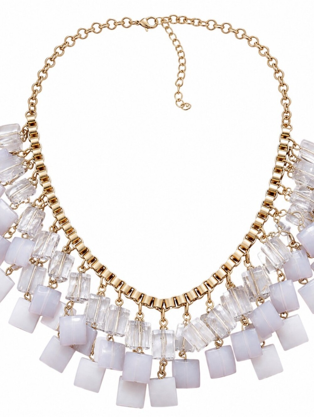 Gold Tone White Geometric Statement Bib Necklace Clear Acrylic Bead Chunky
